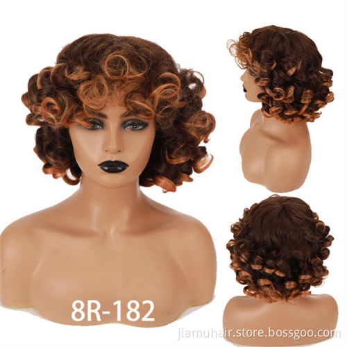 Ombre Color Short Hair Afro Curly Wig With Bangs Loose Synthetic Cosplay Fluffy Shoulder Length Natural Wigs